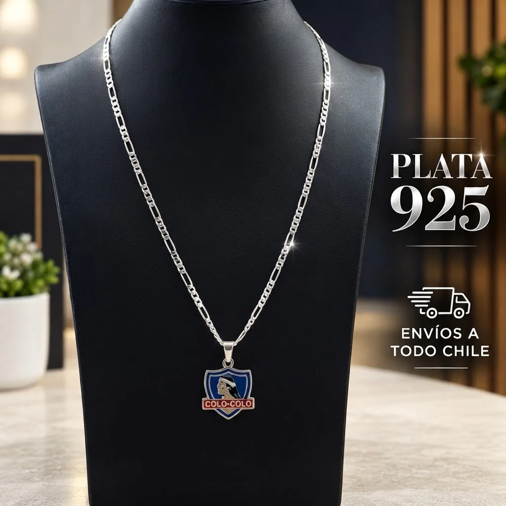 Cadena de plata 925 tipo cartier con dije esmaltado del escudo de Colo-Colo en busto negro