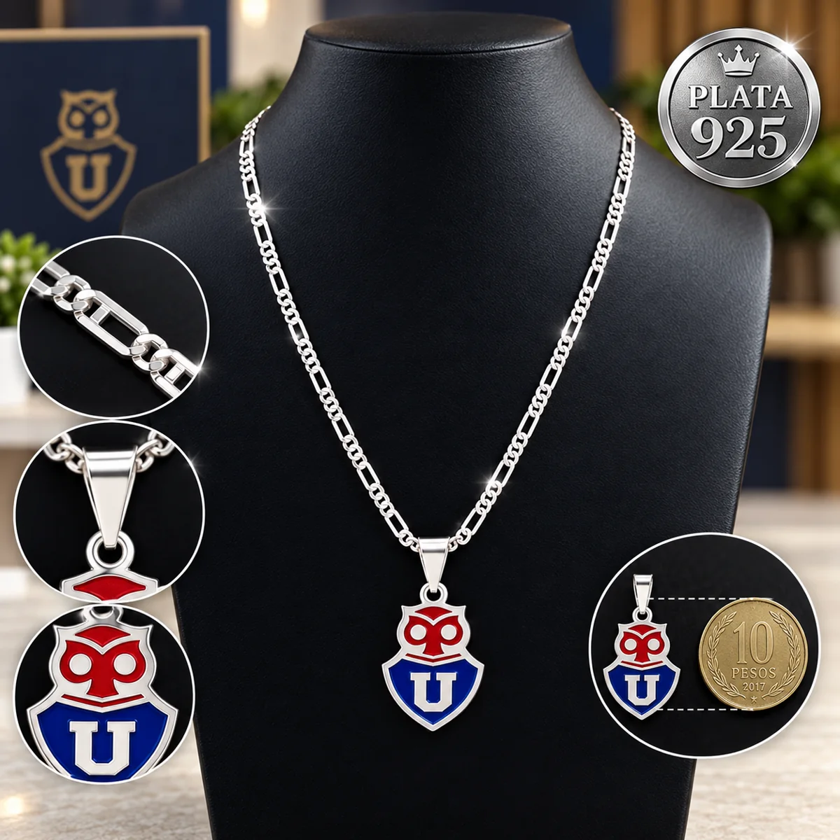 Cadena de plata 925 tipo cartier con dije esmaltado de la Universidad de Chile en busto negro
