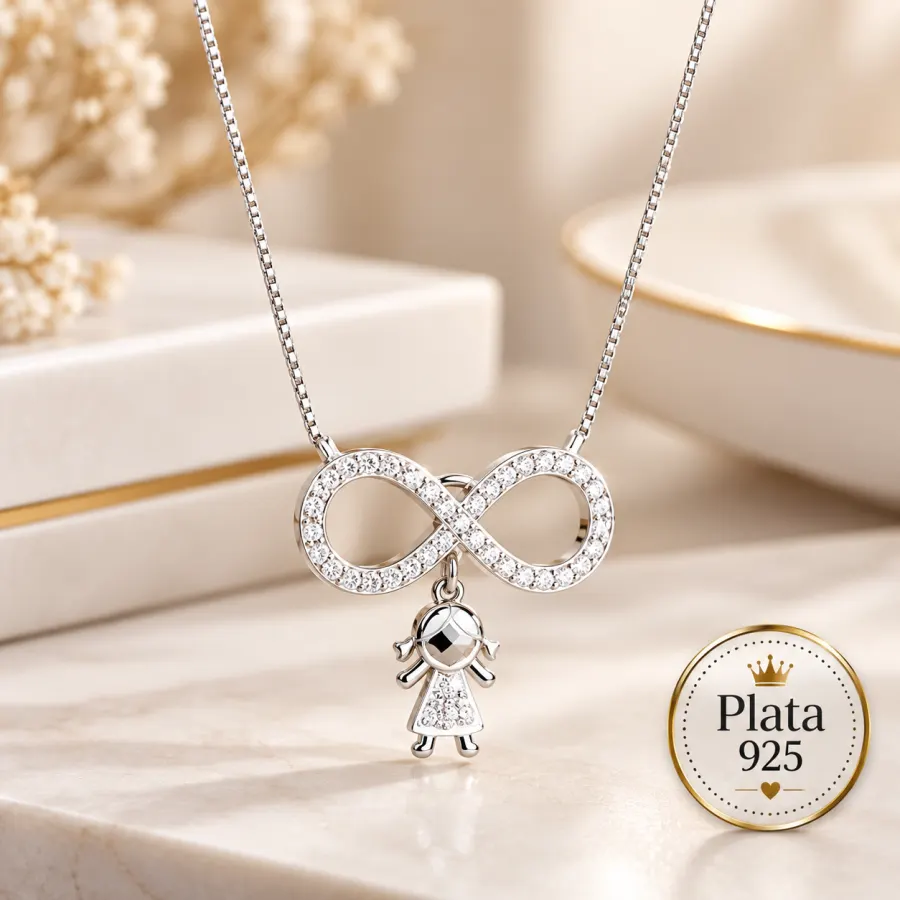 Collar infinito en plata 925 con circones y dije de niña